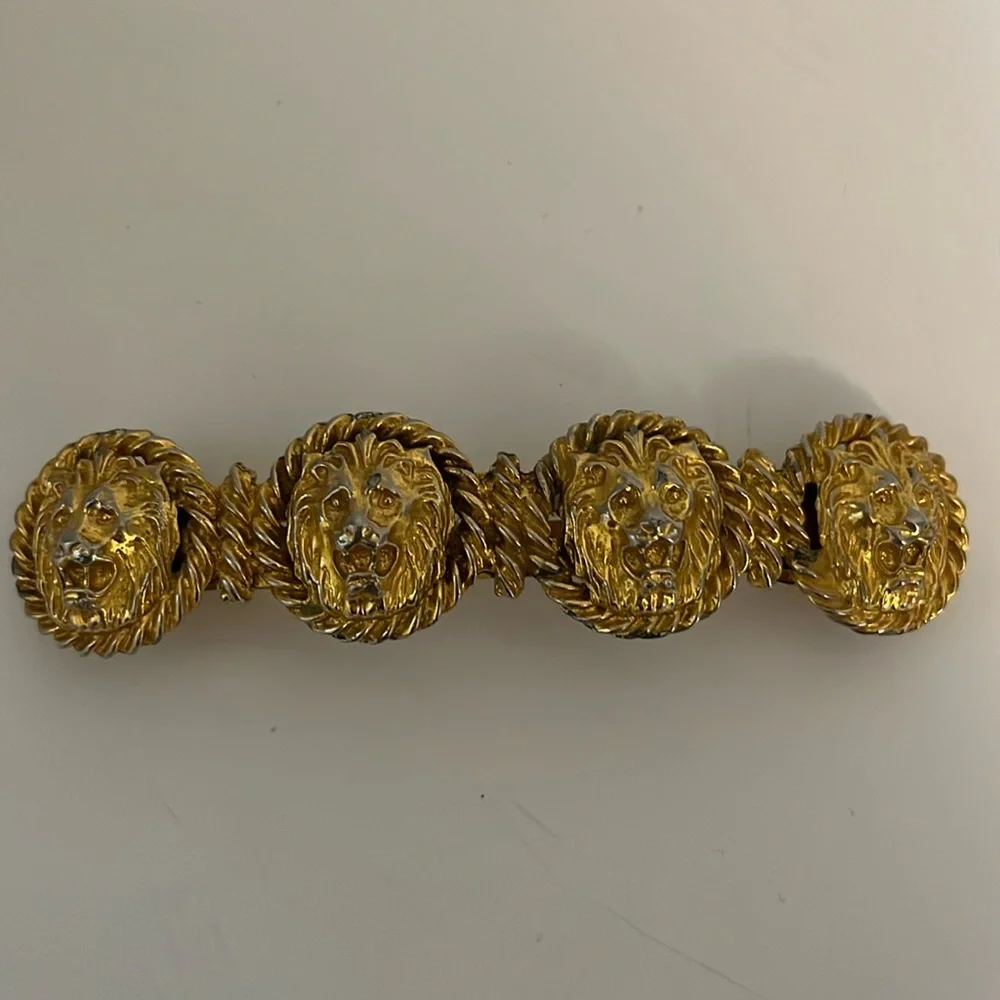 Vintage hair clip gold tone lion face design made in France use for thick hair